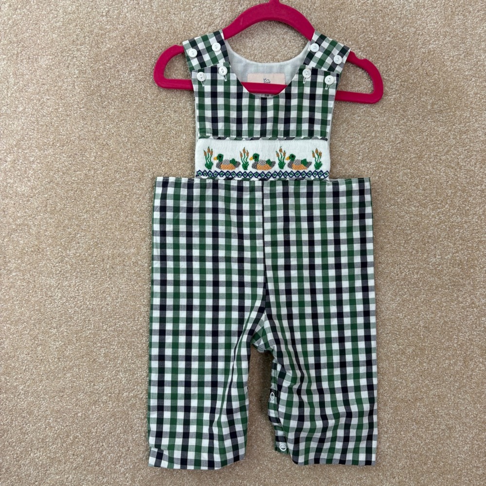 SMOCKINGBIRD Longall Kids 6M Green Gingham Smocked Duck Embroidered Overalls
